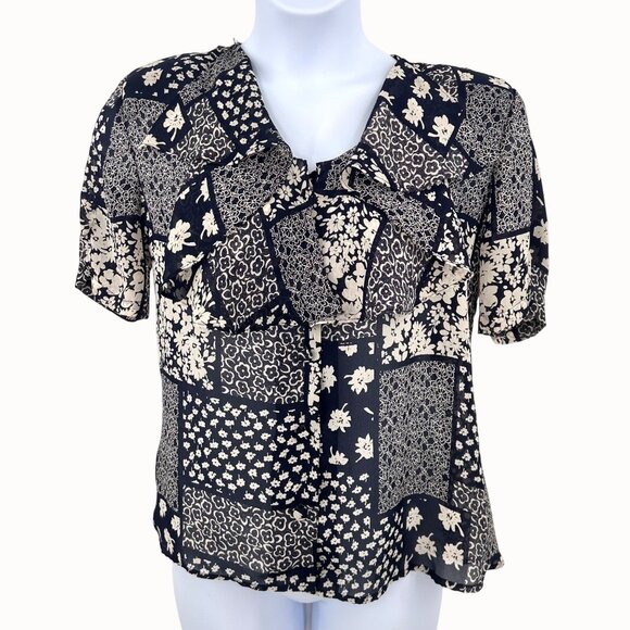 Vintage Fritz & Lloyd Floral Patchwork Blouse Navy Beige Short Slv Ruffle Front - Picture 1 of 5